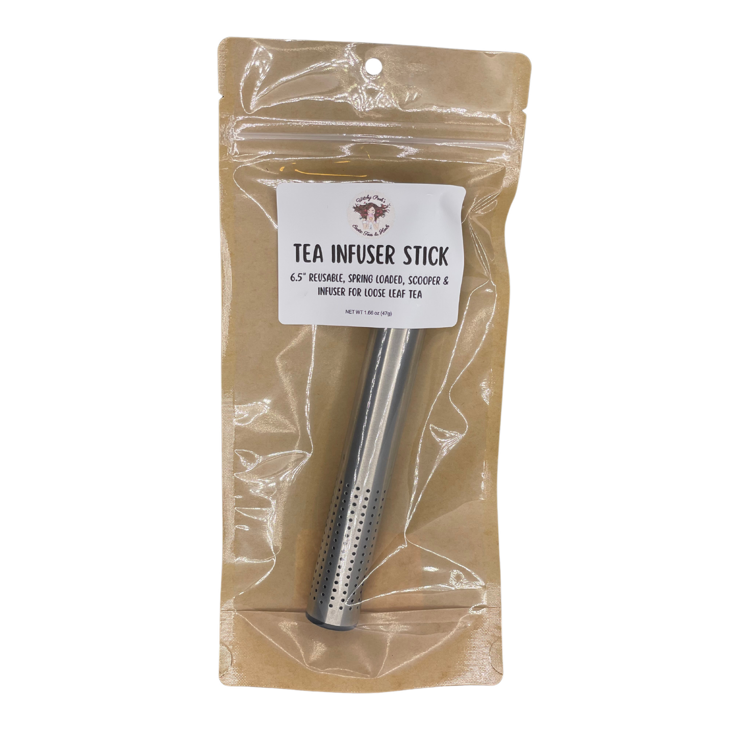 Witchy Pooh's Tea Infuser Spring Action Button Stick for Loose Leaf Tea and Herbs, Perfect for Travel, Easy to use, No Mess
