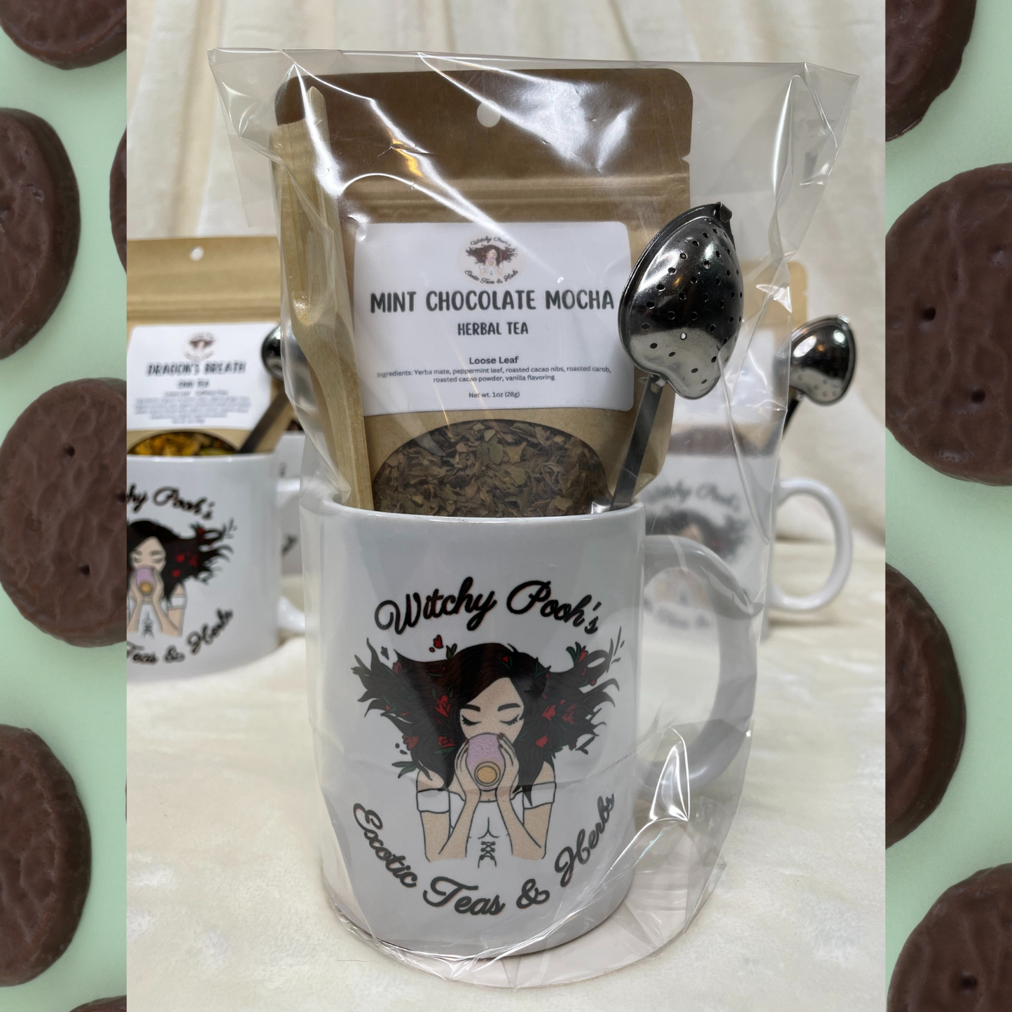 Witchy Pooh's Gift Mugs Sets Come with 1oz Pouch of Loose Leaf Tea, Heart Shaped Tea Strainer with Handle and a Wooden Spoon in a Witchy Pooh Mug