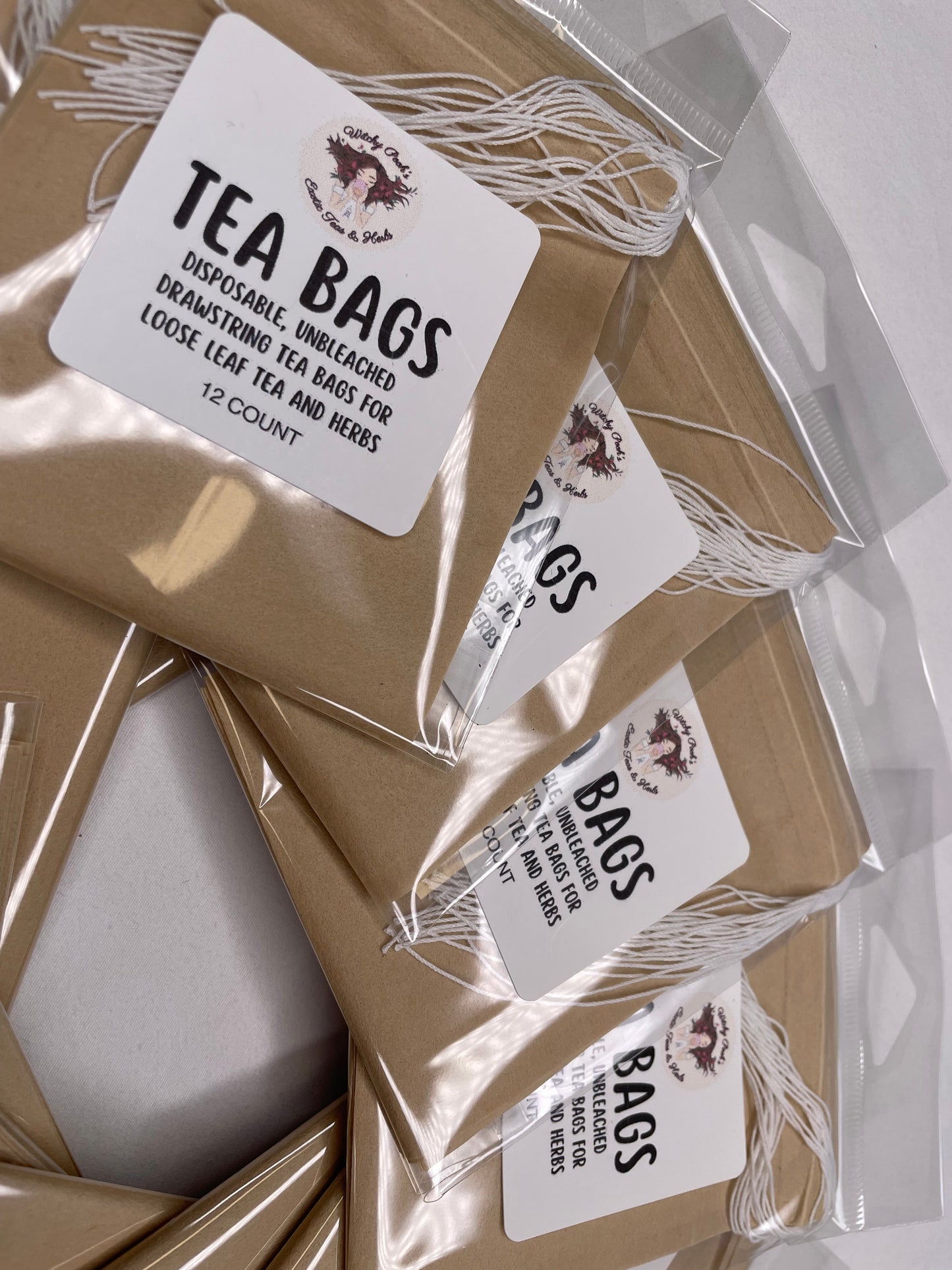 Witchy Pooh's Tea Bags for Loose Leaf Tea, 12 pack, Filtered, Disposable, Drawstring, Unbleached