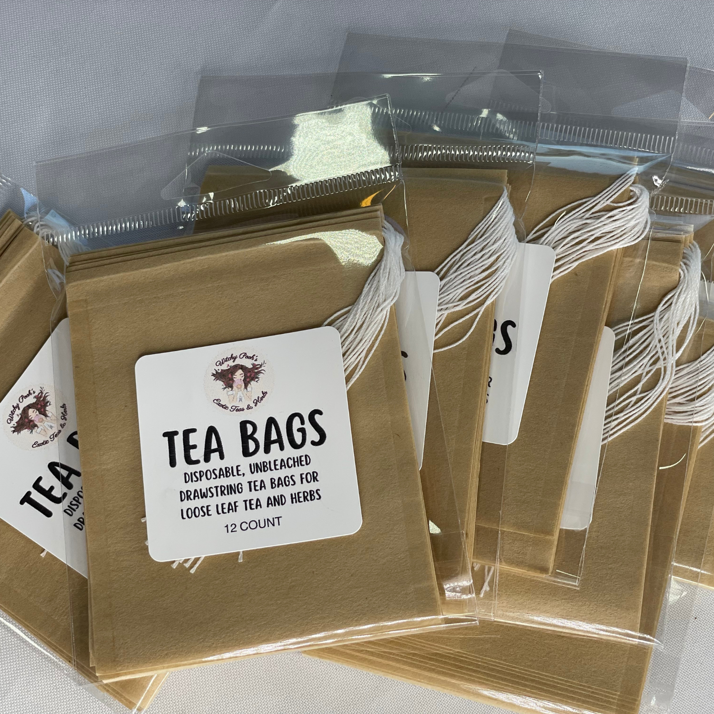 Tea Bags for Loose Leaf Tea, 12 pack, Filtered, Disposable, Drawstring, Unbleached