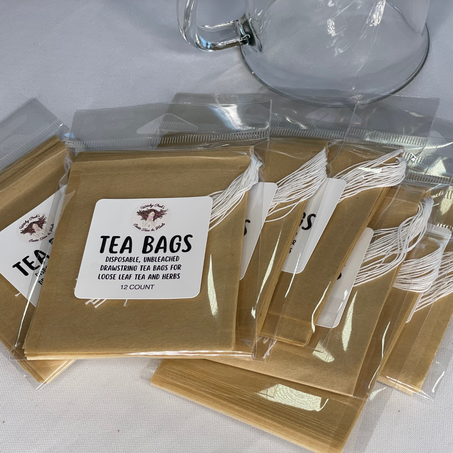Witchy Pooh's Tea Bags for Loose Leaf Tea, 12 pack, Filtered, Disposable, Drawstring, Unbleached