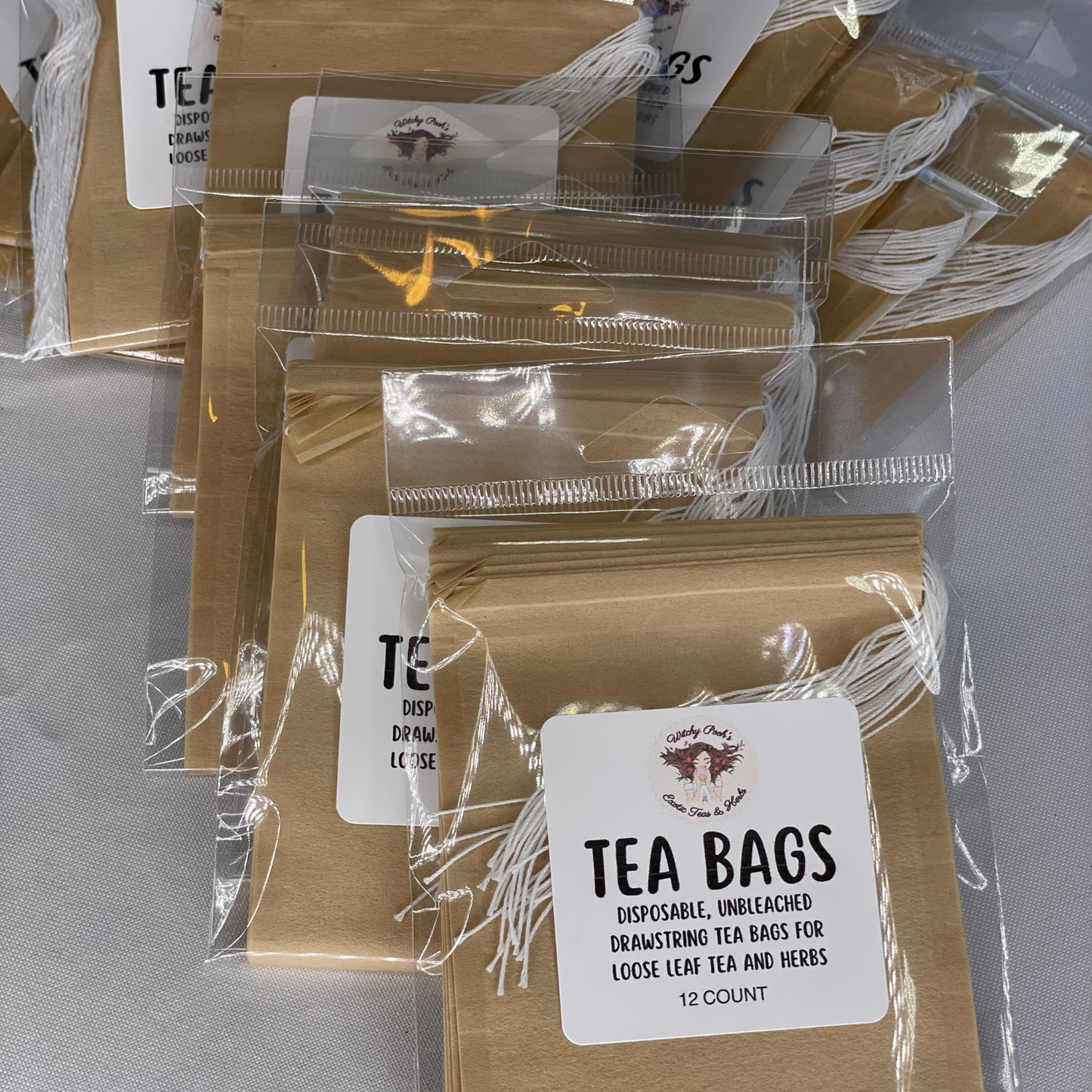 Tea Bags for Loose Leaf Tea, 12 pack, Filtered, Disposable, Drawstring, Unbleached