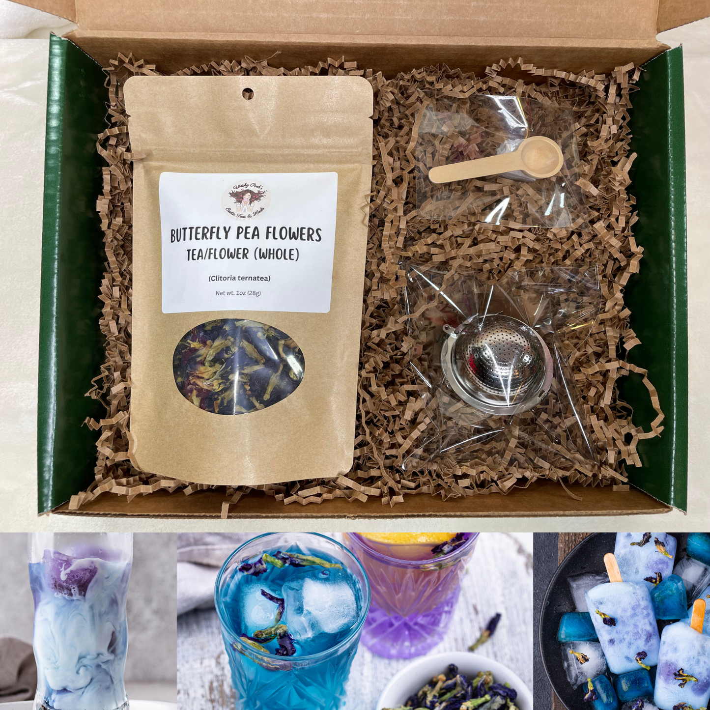 Witchy Pooh's Gift Box Set Green with a 1oz Pouch of Loose Leaf Tea, Stainless Steel Tea Ball and Wooden Spoon