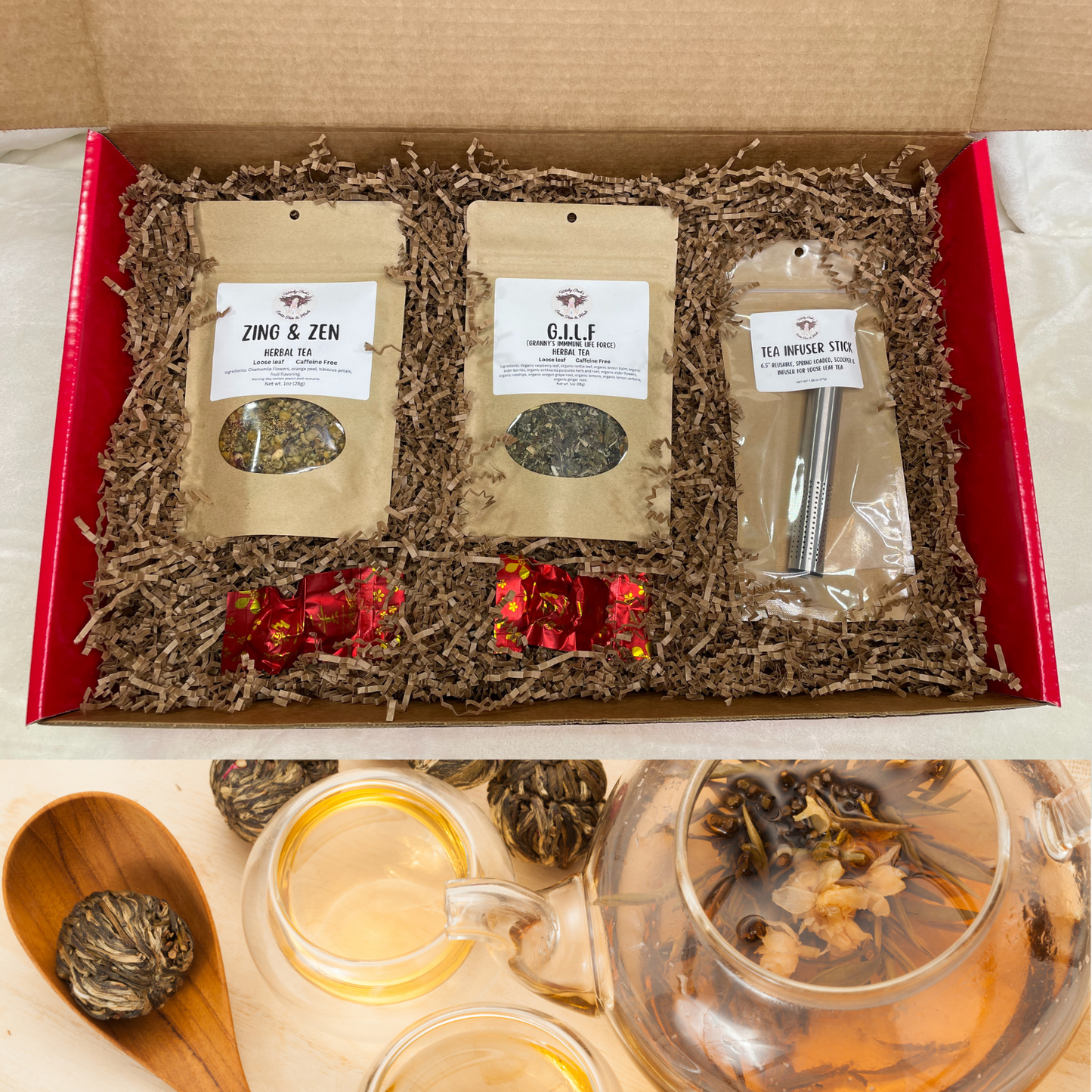 Witchy Pooh's Gift Box Set with 2-1oz Pouches of Tea, A Spring Action Tea Infuser Stick, 2 Blooming Tea Balls in a Large Red Mailer Box
