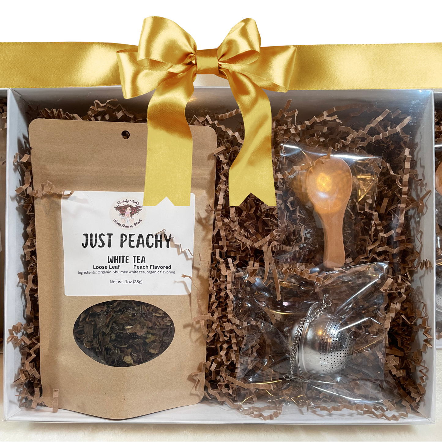 Witchy Pooh's Gift Box Set with Clear Lid Comes with 1oz Pouch of Loose Leaf Tea, Stainless Steel Tea Ball and Wooden Spoon