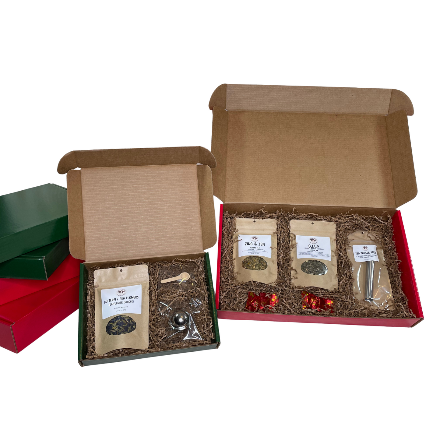 Gift Box Set with 2-1oz Pouches of Tea, A Spring Action Tea Infuser Stick, 2 Blooming Tea Balls in a Large Red Mailer Box
