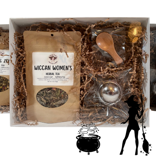 Witchy Pooh's Gift Box Set with Clear Lid Comes with 1oz Pouch of Loose Leaf Tea, Stainless Steel Tea Ball and Wooden Spoon