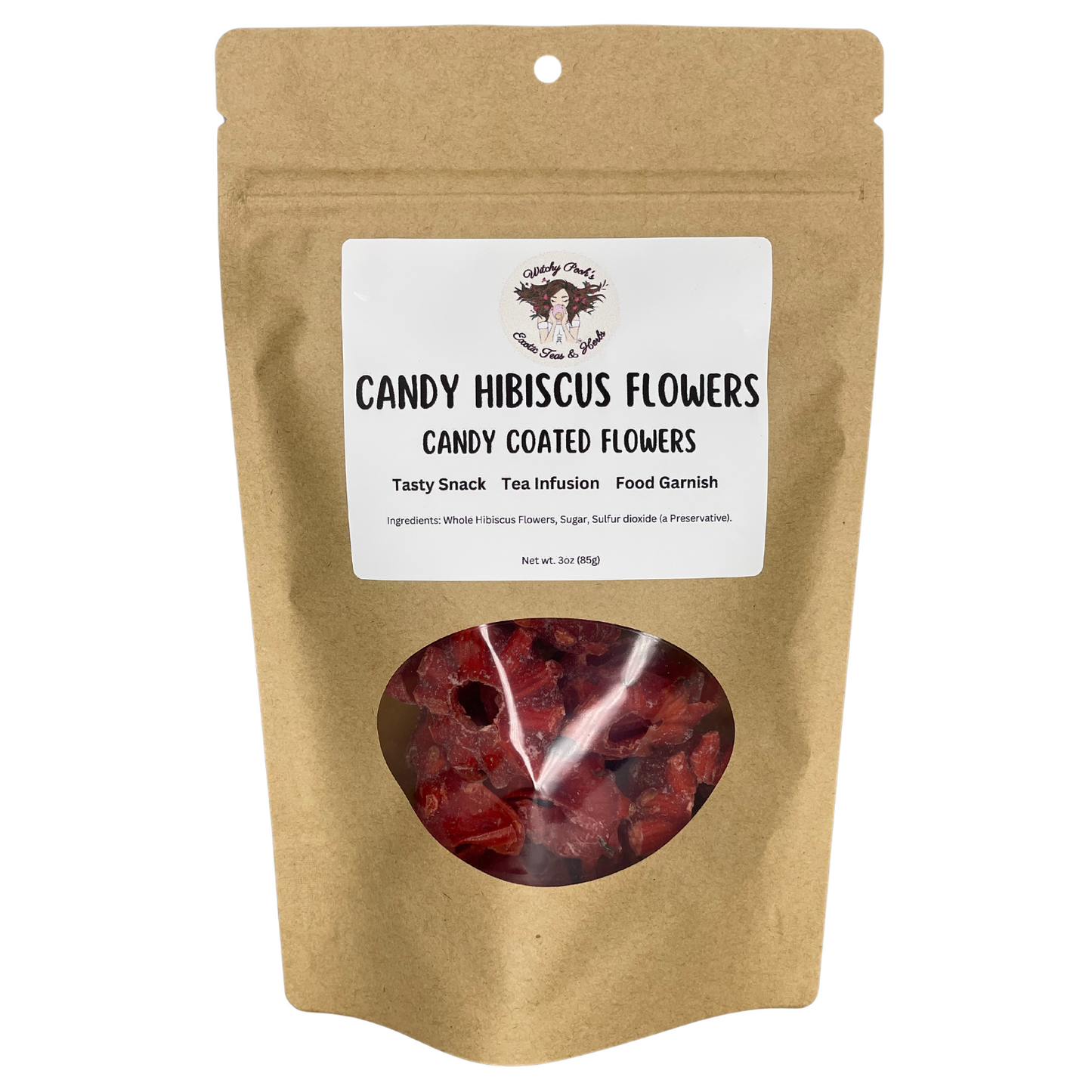 Witchy Pooh's Candy Hibiscus Flowers, Sweet Candy Coated Whole Bright Red Hibiscus Flowers, Addicting Snack!