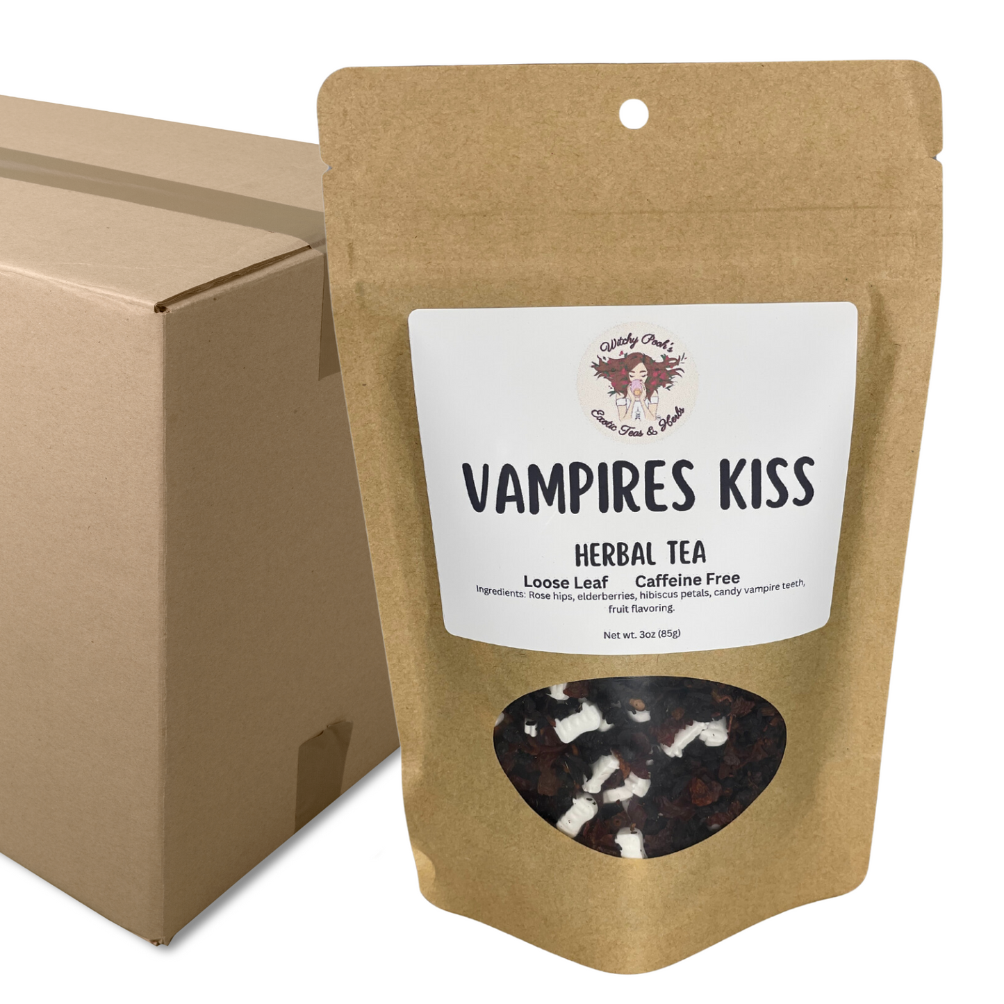 Witchy Pooh's Vampire's Kiss Loose Leaf Fruit Elderberry Herbal Tea with Candy Vampire Teeth, Caffeine Free